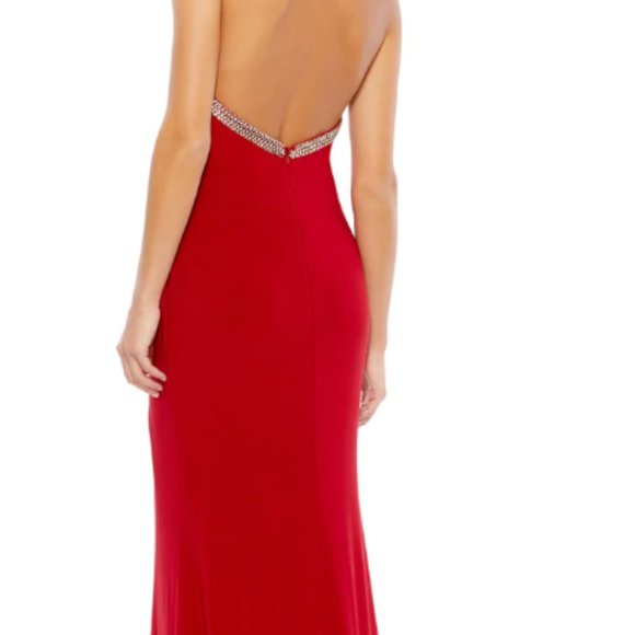 MAC DUGGAL BEADED RED HALTER JERSEY GOWN SZ 0 - Picture 5 of 7